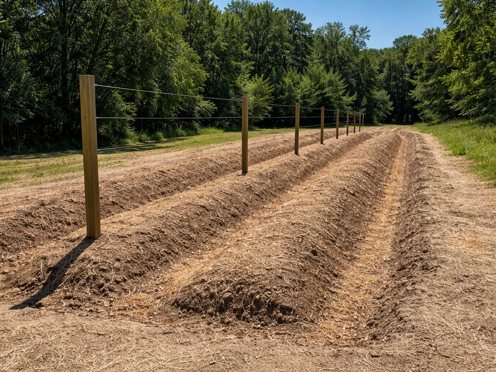 Sunny sloped raised bed with drainage channels and grape trellis posts for Alabama planting