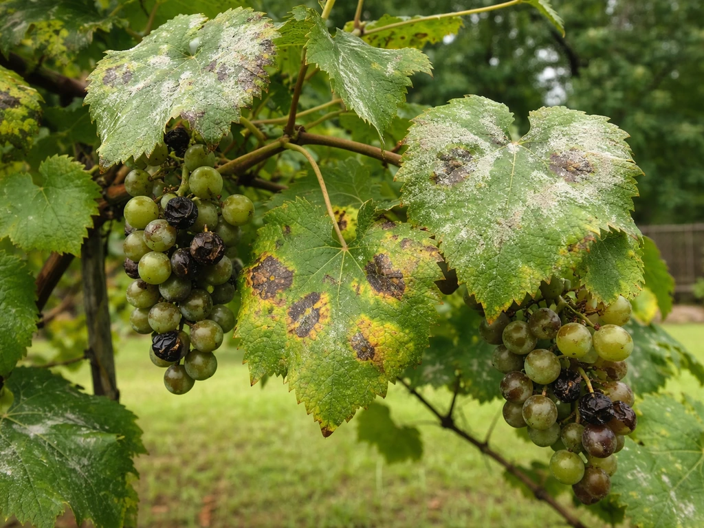 Close-up of a grapevine with leaves and grapes showing powdery mildew and dark fungal spots.