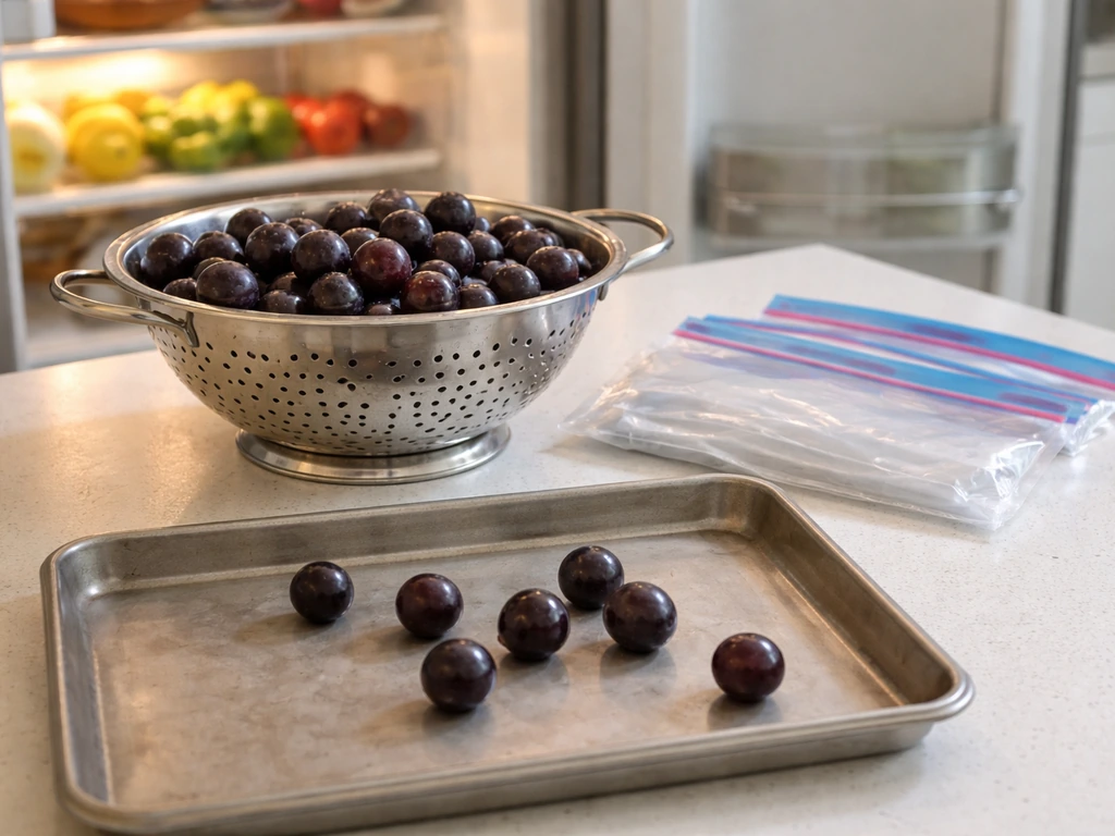 Fresh muscadines in a colander beside a refrigerator and freezer bags, ready for cooling or freezing