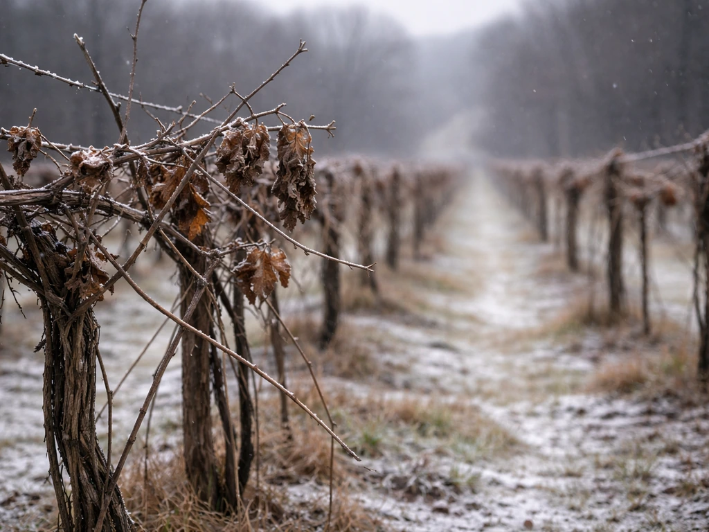 Close view of grapevines in a Kentucky vineyard with frost-dusted leaves and light snow