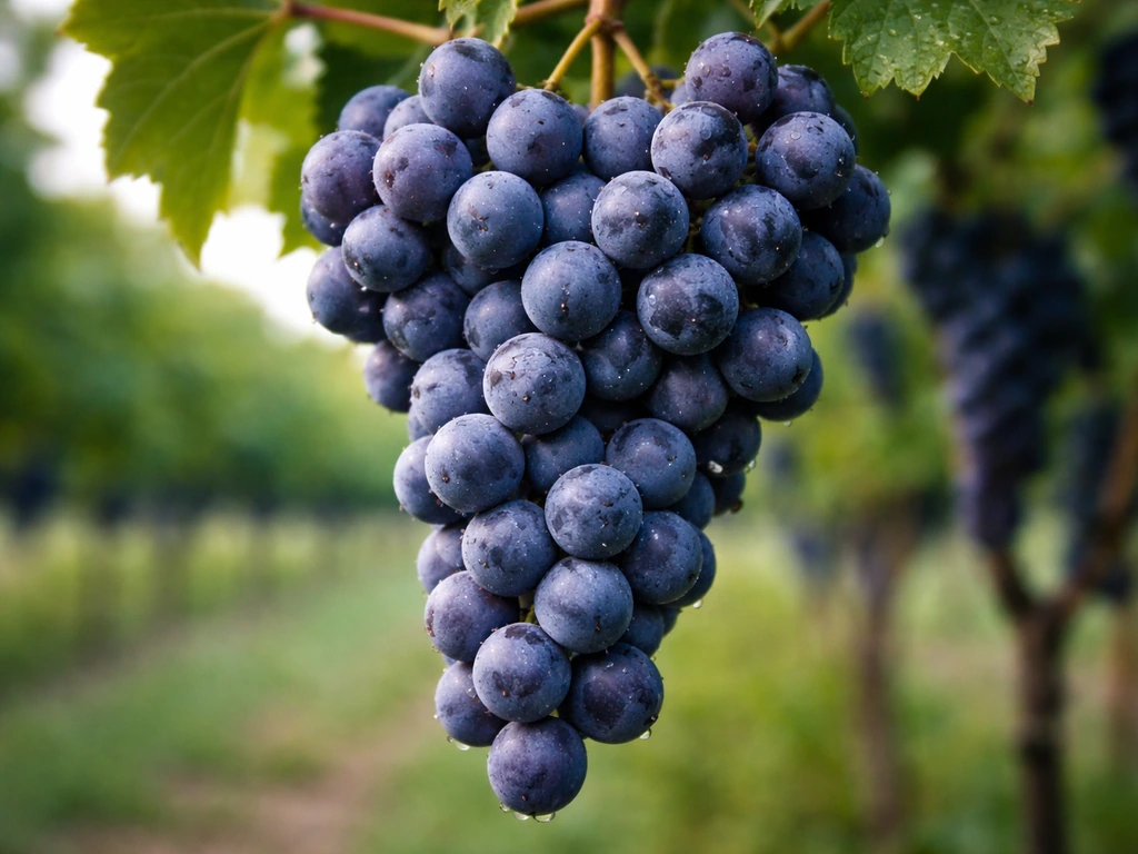 Close-up of a Norton (Cynthiana) red wine grape cluster on the vine in natural light