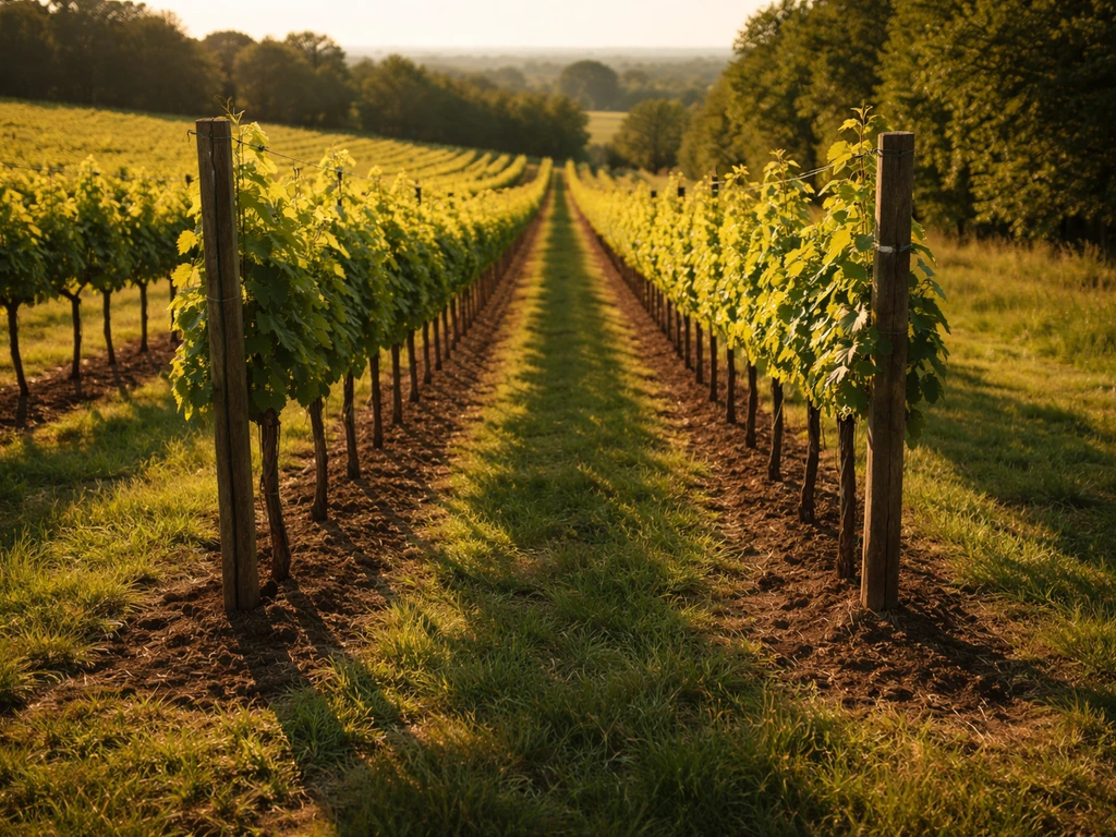 Sunlit grape trellis rows on a south-facing slope with visible spacing, soil, and drainage