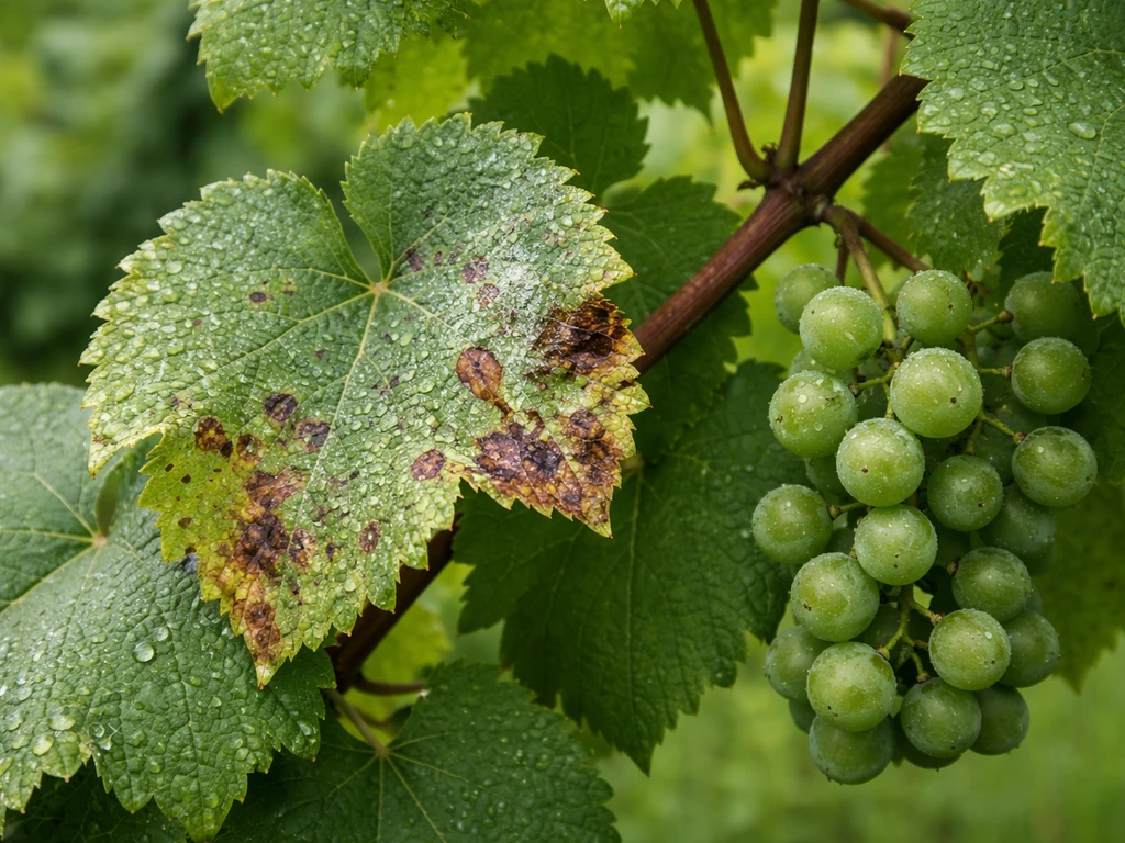 Close-up of a grape leaf with black rot spots next to healthy green leaves and a grape cluster.