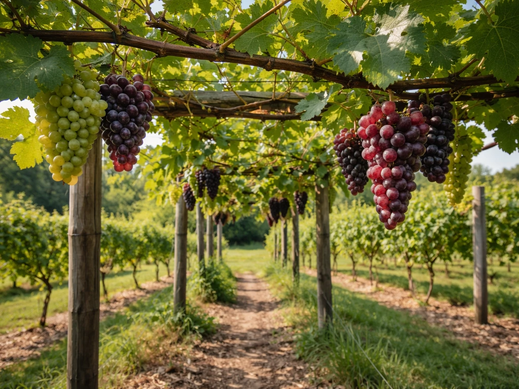 Missouri backyard grape arbor trellis with hanging grape clusters in a quiet vineyard setting.