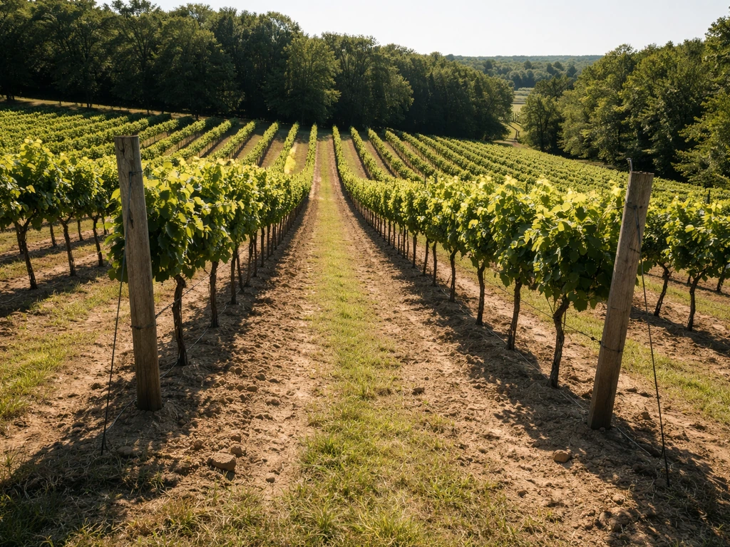 Sunlit Missouri vineyard slope with well-drained rows and no standing water