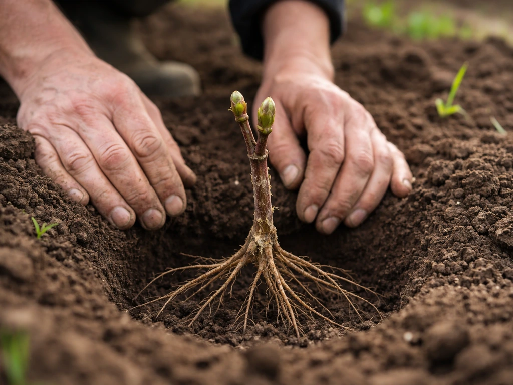 Bare-root grape vine planted in early spring soil with roots spread and vine cut to a few buds
