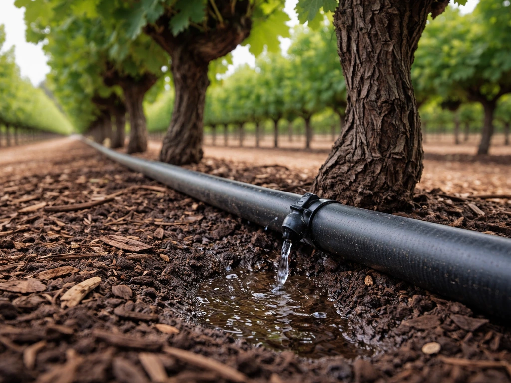 Drip irrigation line at the base of grape vines with mulch, keeping leaves dry