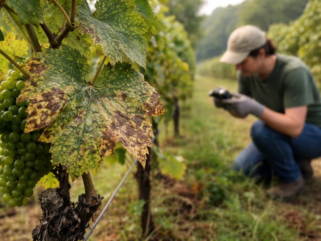 Grape leaves with visible fungal spots while an anonymous gardener inspects vines in a Missouri vineyard