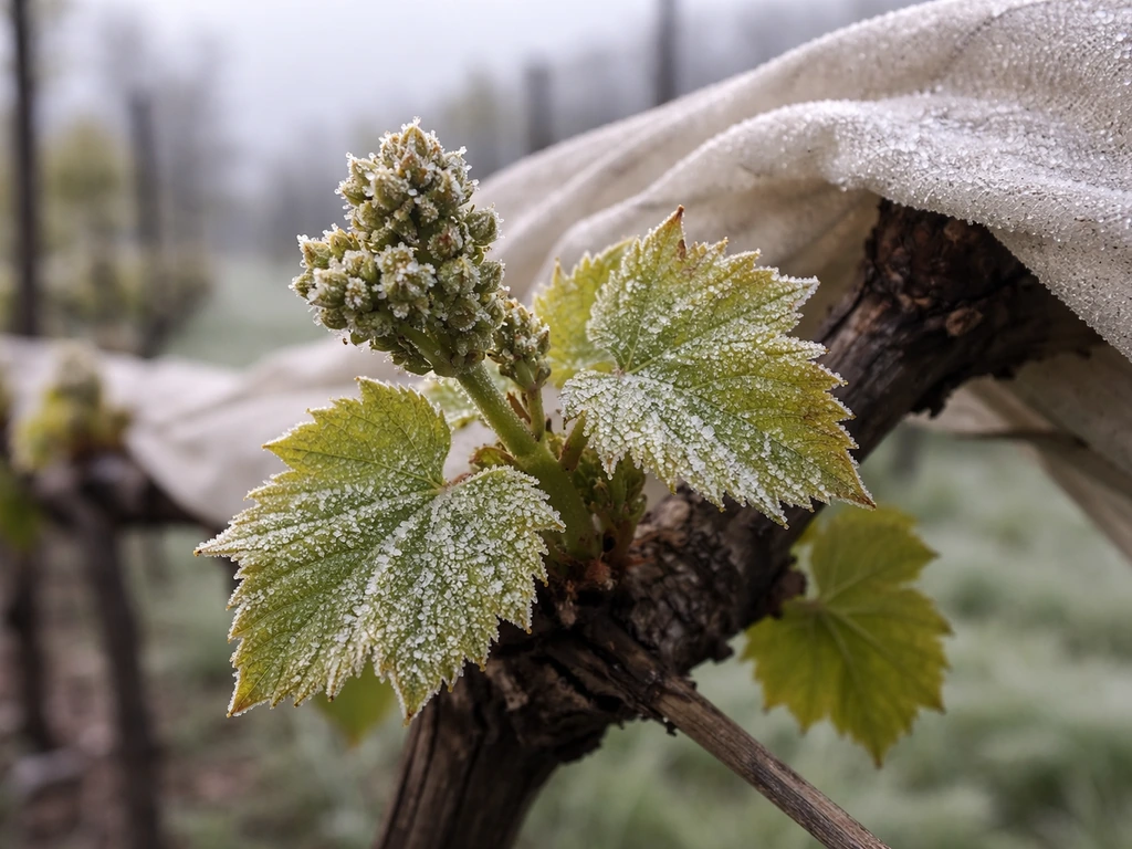 Close-up of frost-kissed grapevine buds on a chilly morning with light protective fabric nearby.