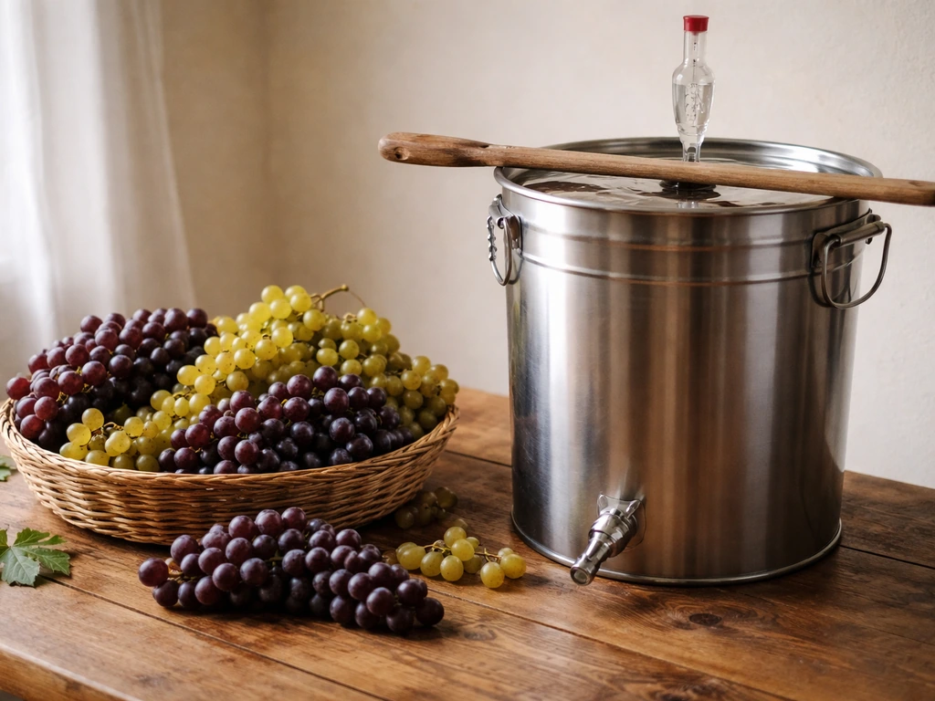 Handheld grape clusters and a fermentation bucket with a punch-down spoon in a home winemaking setting.