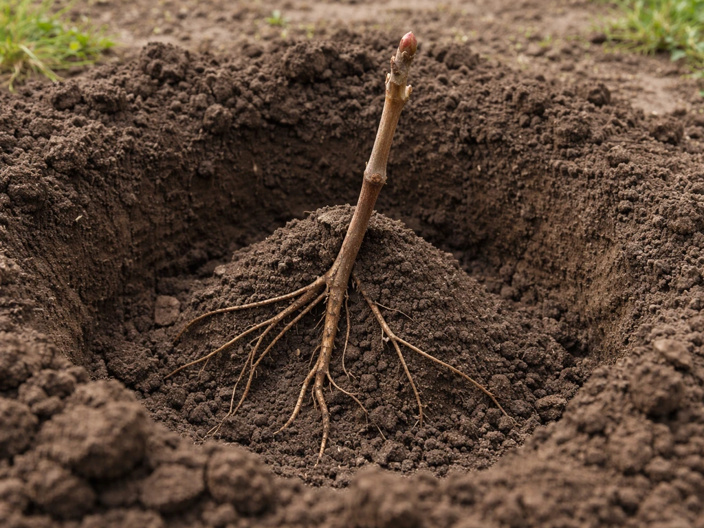 Bare-root grapevine being planted in a prepared hole with soil mounded around the roots