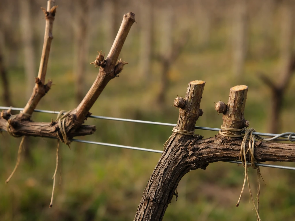 Closeup of pruned grape canes on a trellis, showing neat annual pruning cuts on bare vines.