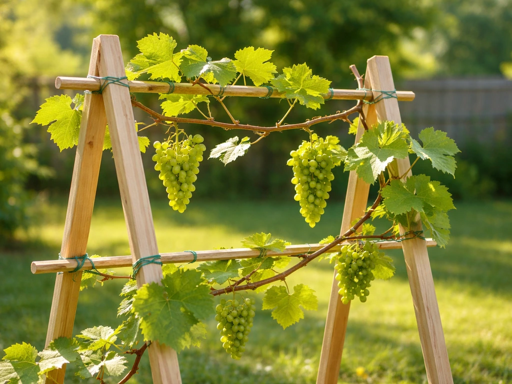 Grape vines trained on a backyard trellis with green grapes and tied support strings in sunny light.