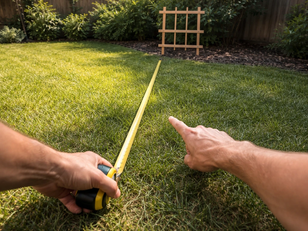 Person using a tape measure at a sunny backyard planting spot for grape vines