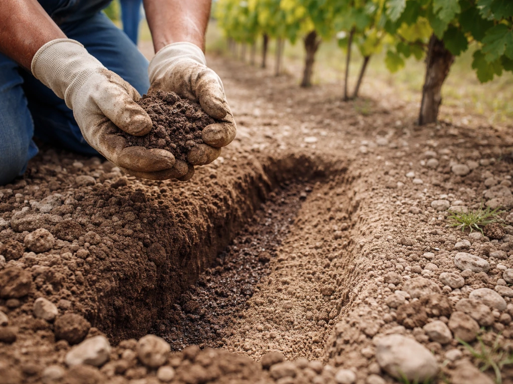 Gardener digs a small hole in a vineyard row, checking damp soil versus drained ground