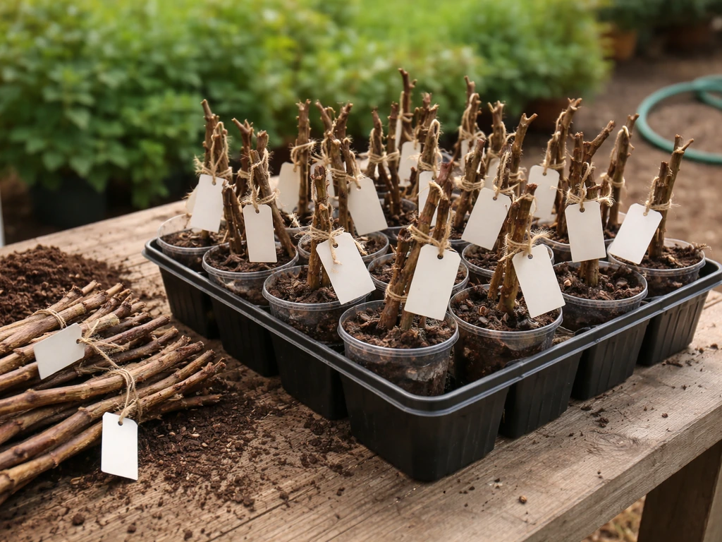 Nursery grapevine cuttings in containers, dormant bundles, each with small tags showing cold-hardy suitability.