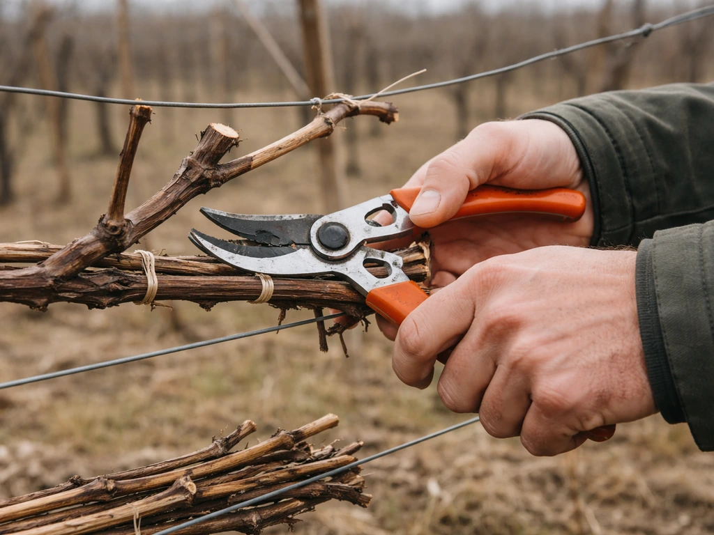 Hands pruning dormant grape canes on a trellis with training wires, showing fresh cut points.