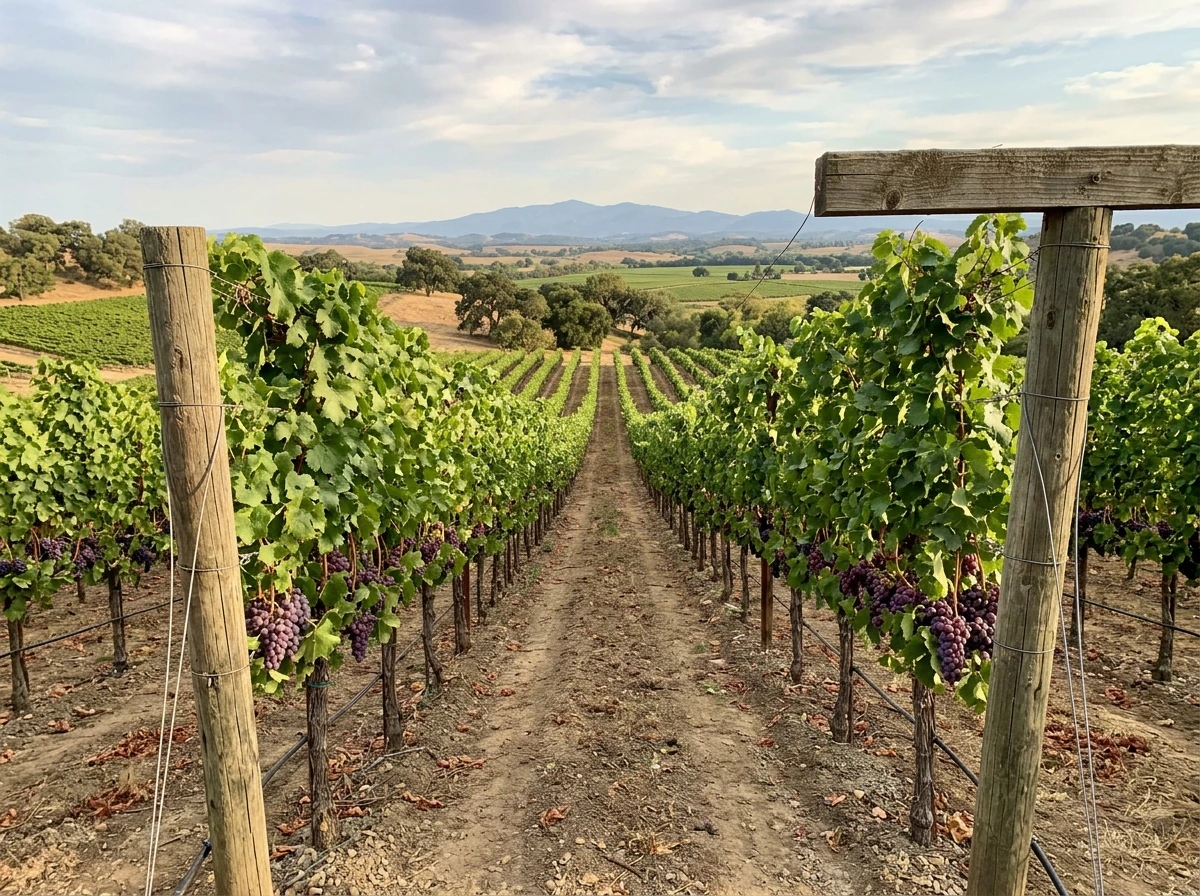 Vineyard trellis rows with grape clusters demonstrating where grapes thrive