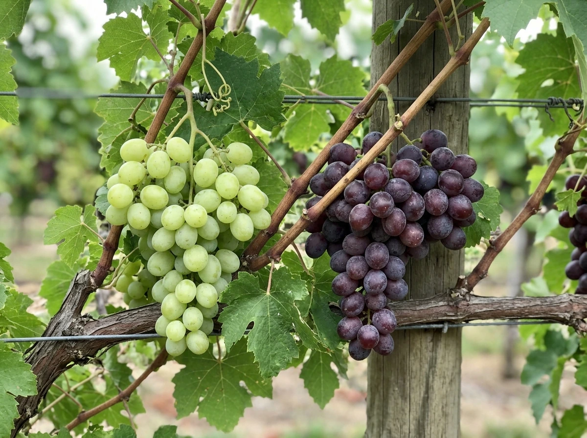 Close-up of green and colored grape clusters on trellised vines
