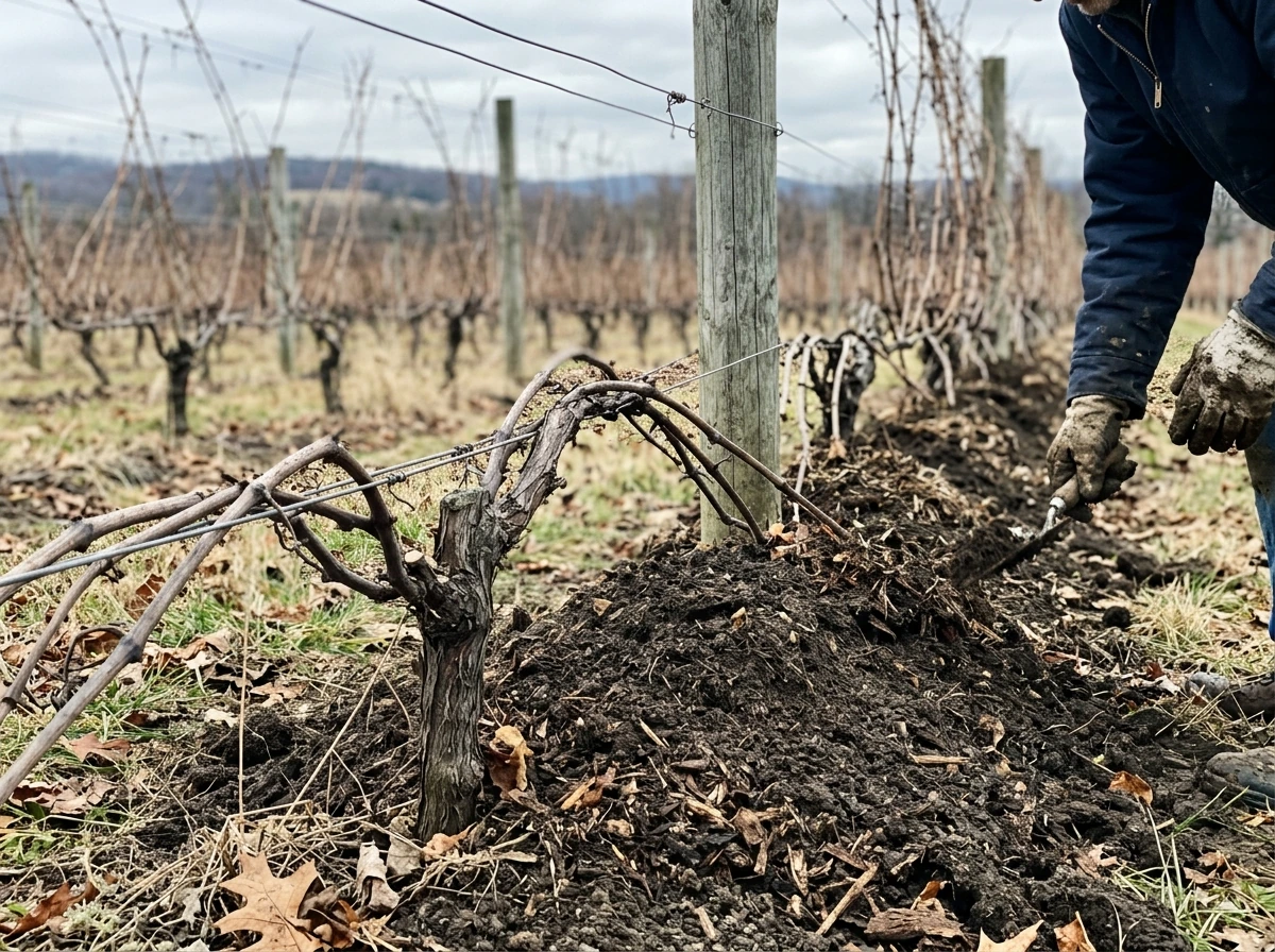 Dormant grapevine canes being buried/covered for cold-weather protection