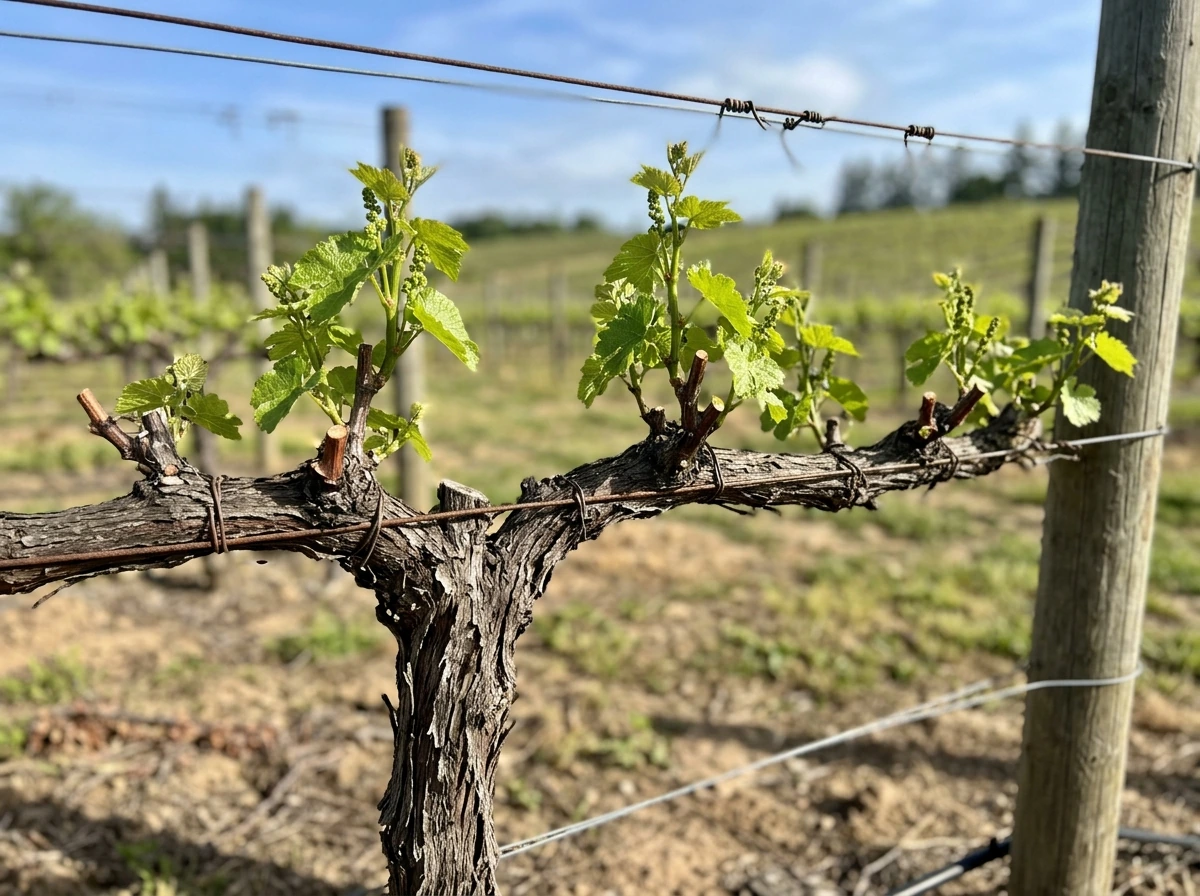 Trained grapevine trunk and horizontal cordons with new shoots on spurs.