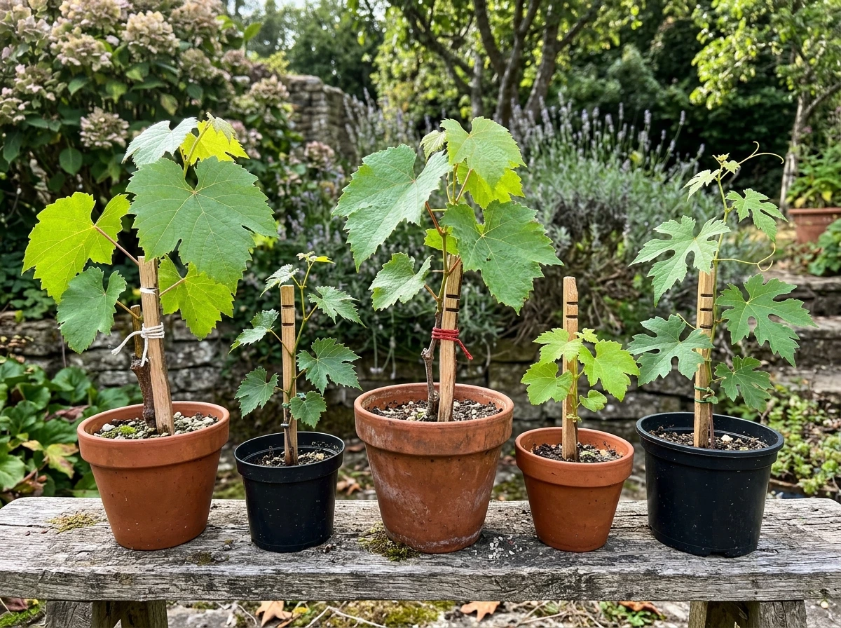 Assorted grape seedlings in pots showing different leaf and vine traits.
