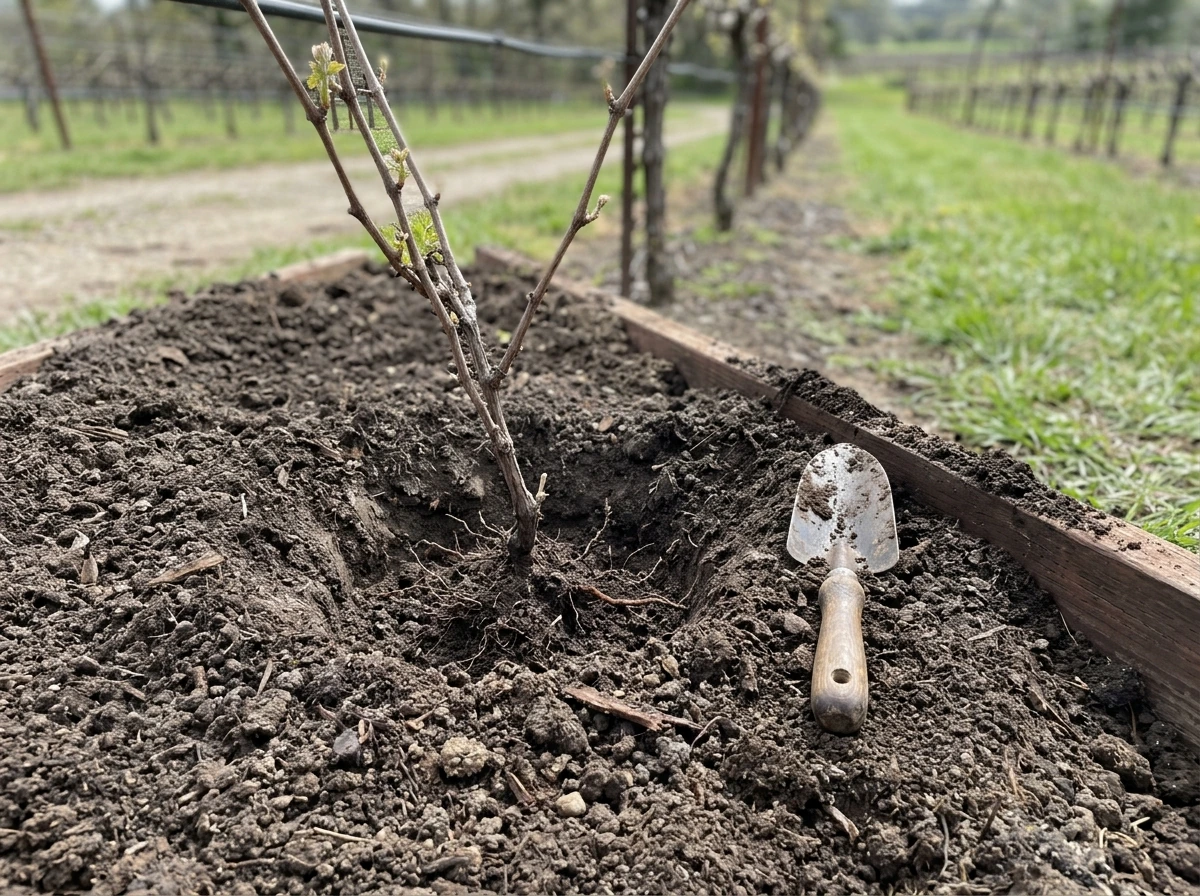 Soil and planting-site preparation at the base of a grapevine.