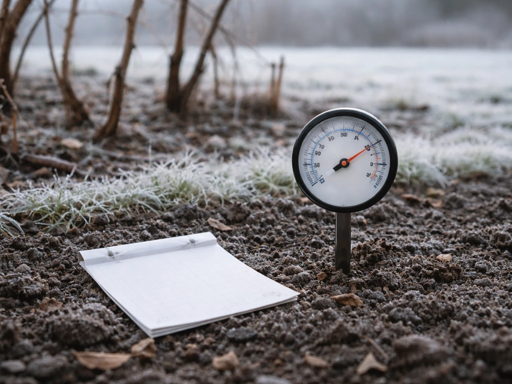 Outdoor thermometer beside a visible frost line and a simple vine in winter cold.