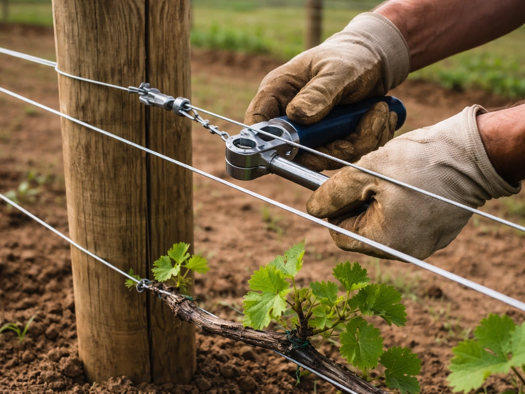 Gloved hands tighten vineyard trellis wire between treated posts with a grape training system.