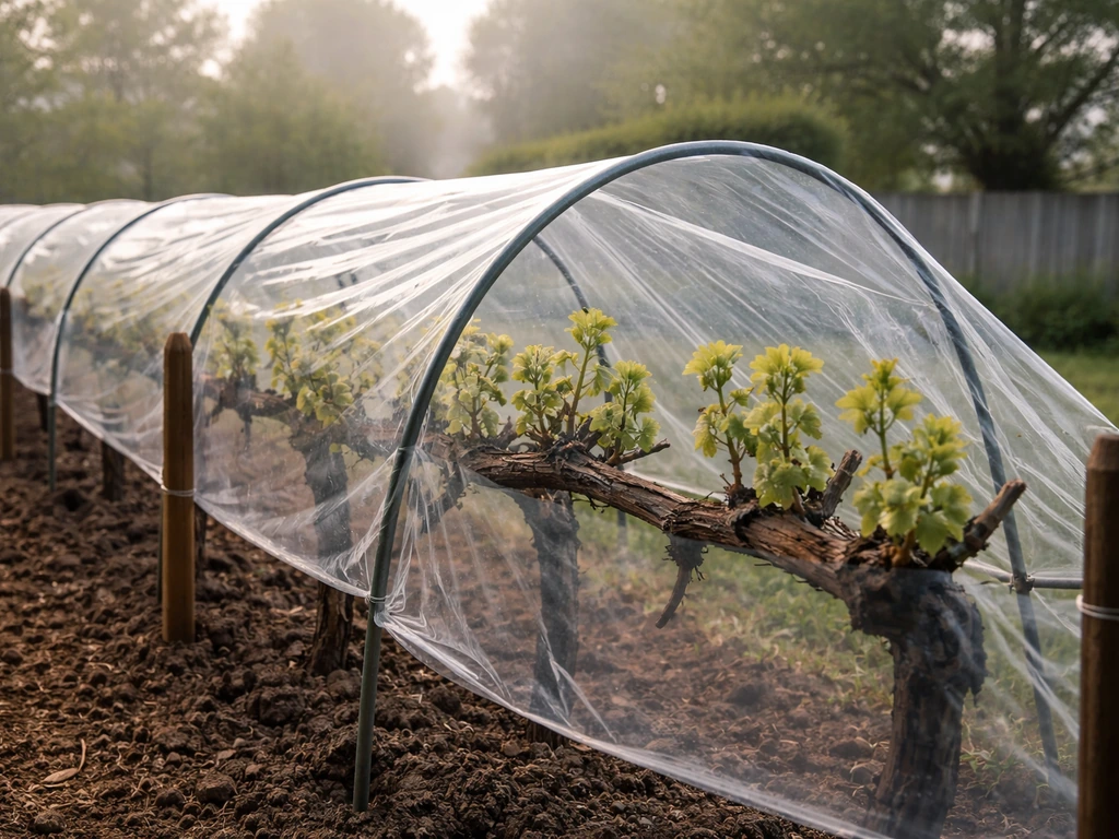 Hoop row covers over grapevines in early spring, suggesting frost protection after budbreak.