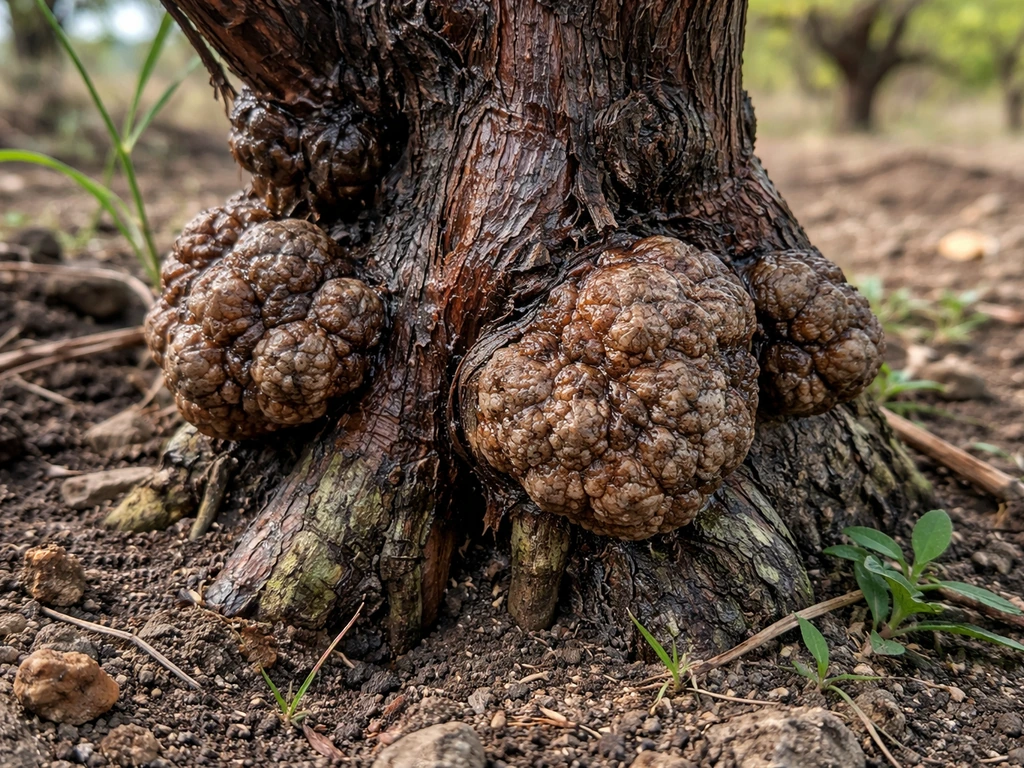 Close-up of grapevine base showing warty crown gall growths near the soil line.