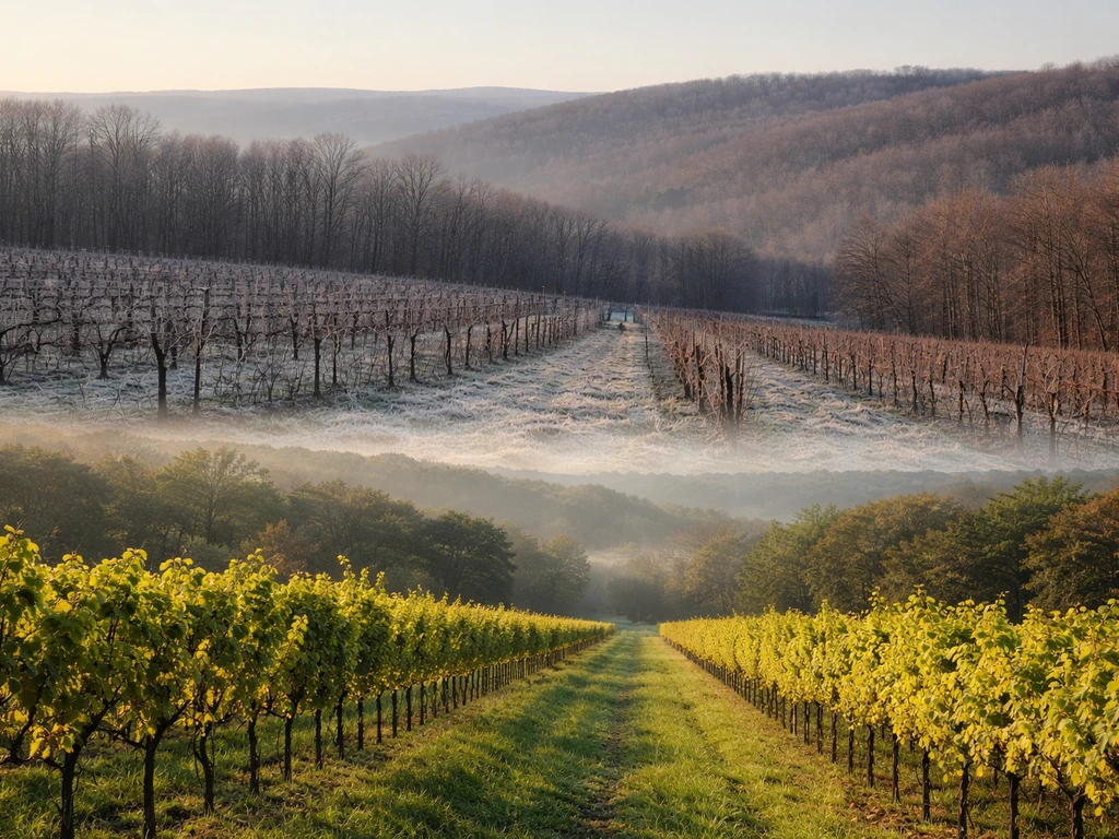 Simplified split landscape showing cooler north and warmer south Pennsylvania vineyards under winter-to-spring light.
