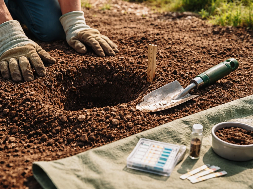 Gardening hands preparing a grape planting hole with amended soil and soil test kit items nearby