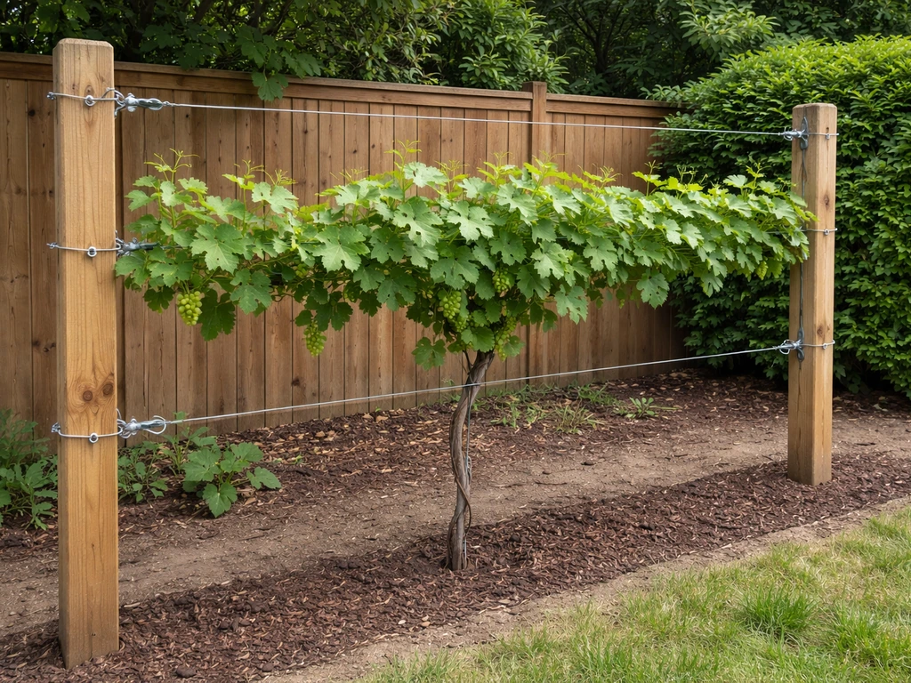 Close-up of a home grape trellis with taut wires and a vine trained upward between spaced posts.