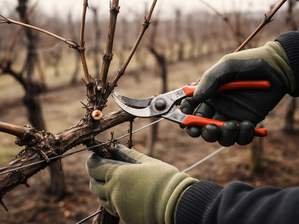 Gloved hands pruning a dormant grapevine in late winter, clean cut on leafless canes with retained framework.