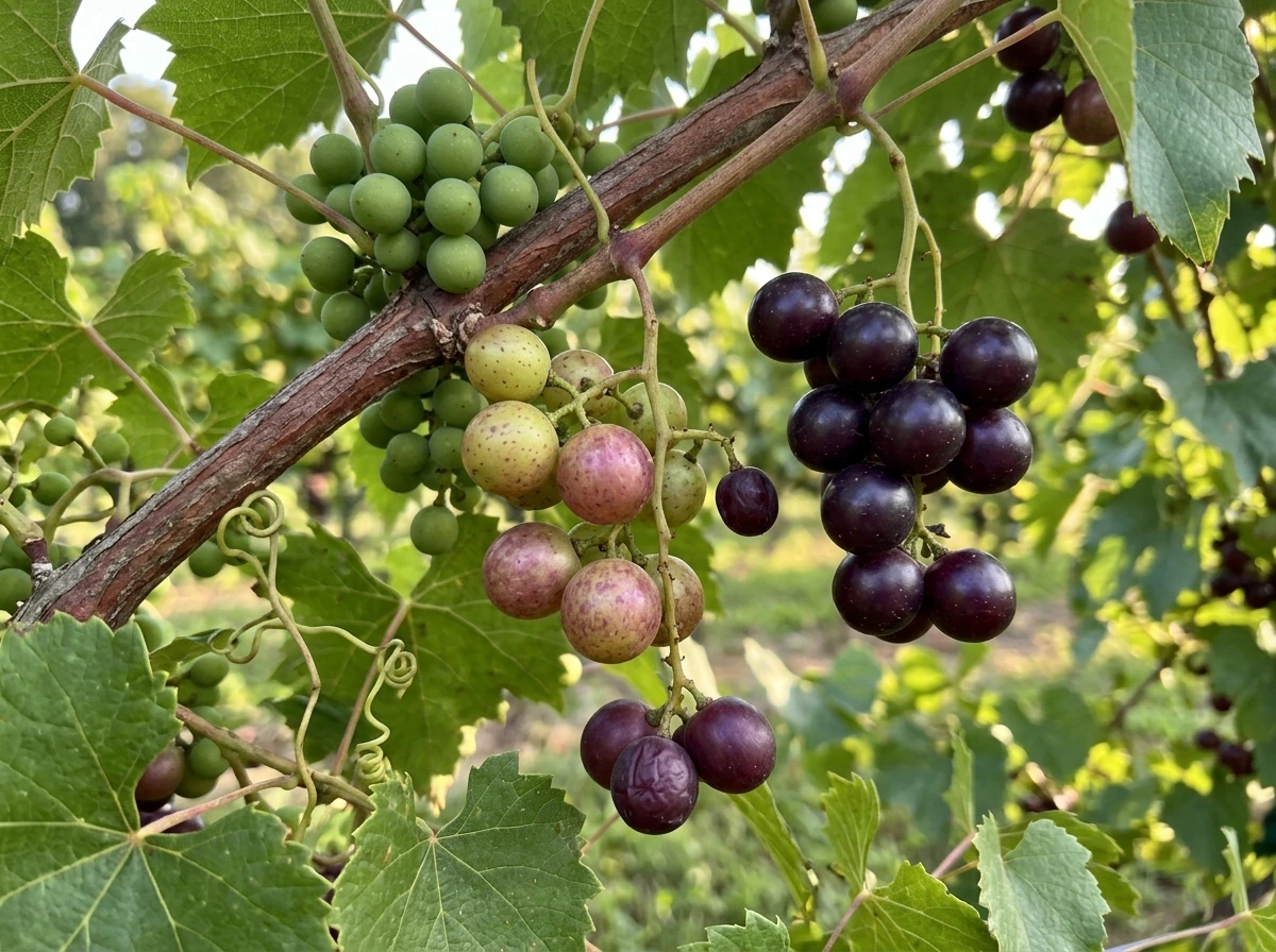 Muscadine clusters showing green, turning, and ripe berries on one vine.