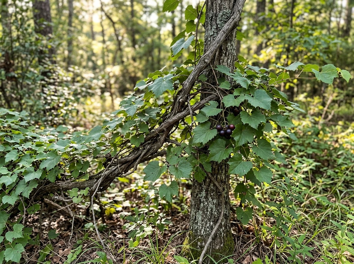 Muscadine vine growing on a forest edge with dark grapes in dappled sunlight.