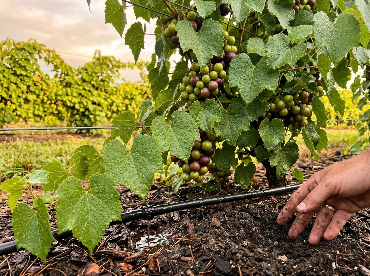 Muscadine vine after morning watering with drip line and soil moisture check.