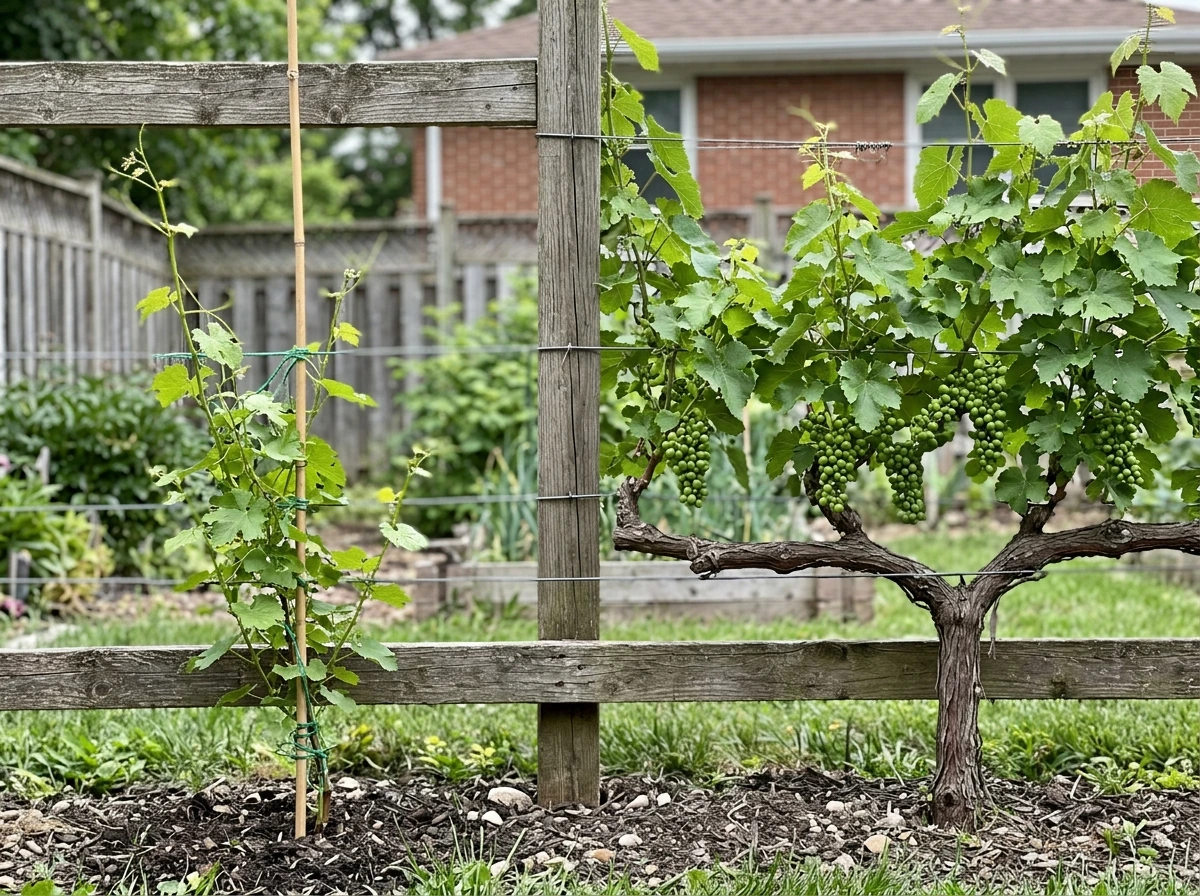 Two muscadine vines showing different growth stages—young shoots vs fruiting arms.