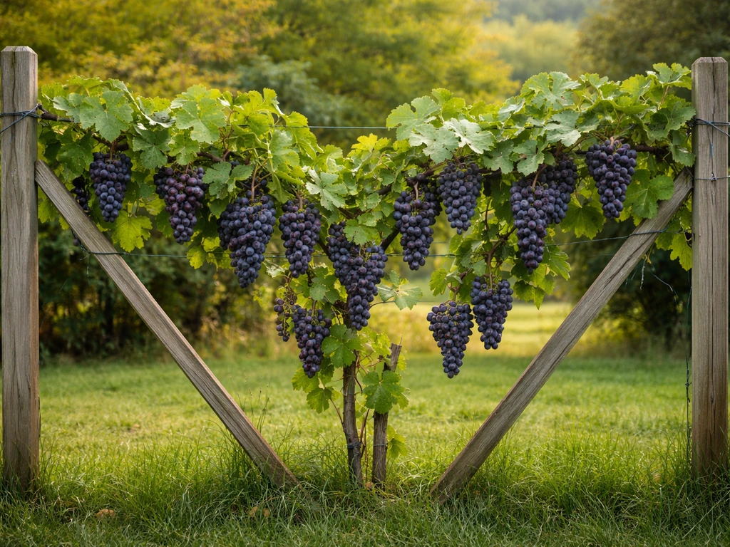 Virginia backyard grape trellis with full fruit clusters and lush leaves in natural light