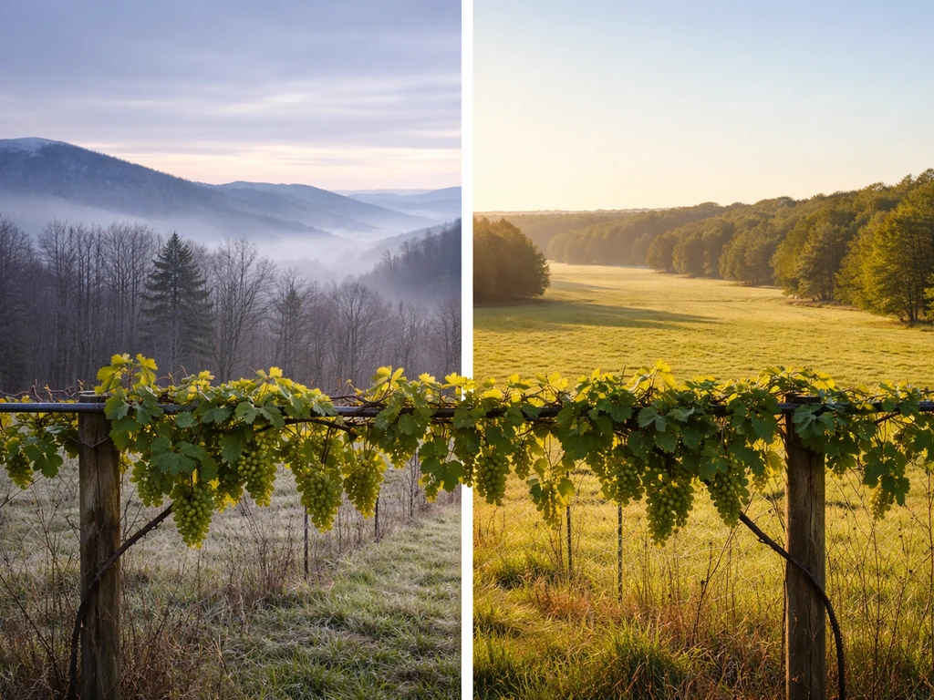 Split-view Virginia landscape: cold western mountains on one side, milder coastal fields on the other, grapevine in brig