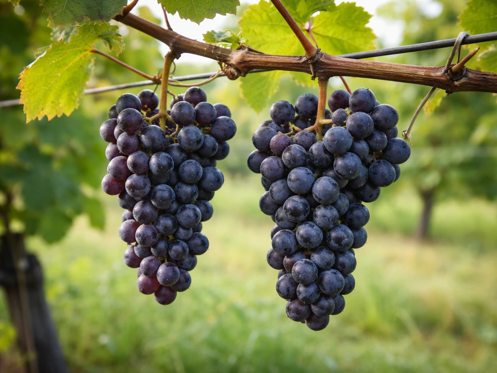 Close-up of red wine grape clusters on the vine with leaves and trellis wire support.