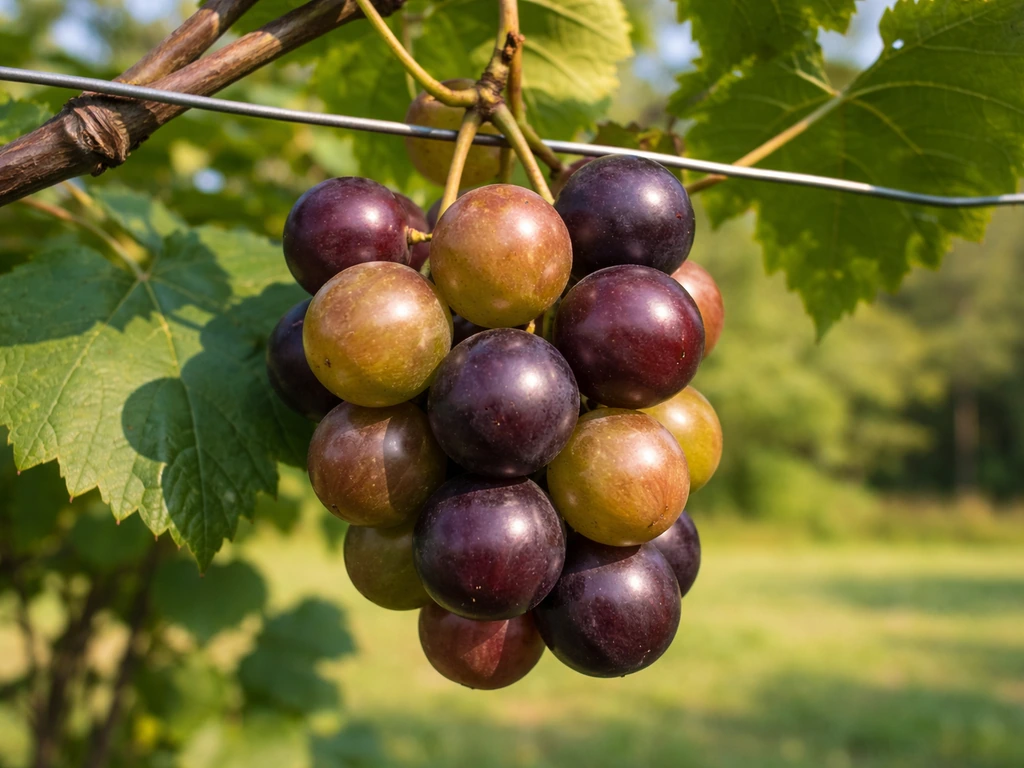 Close-up of muscadine grapes and broad leaves on a vine with sunlit clusters