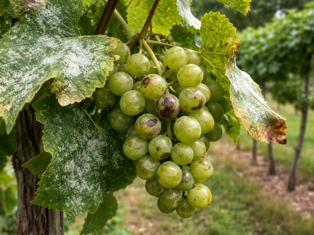 Close-up grape leaves with signs of powdery mildew and dark spotting on berries in humid vineyard light.