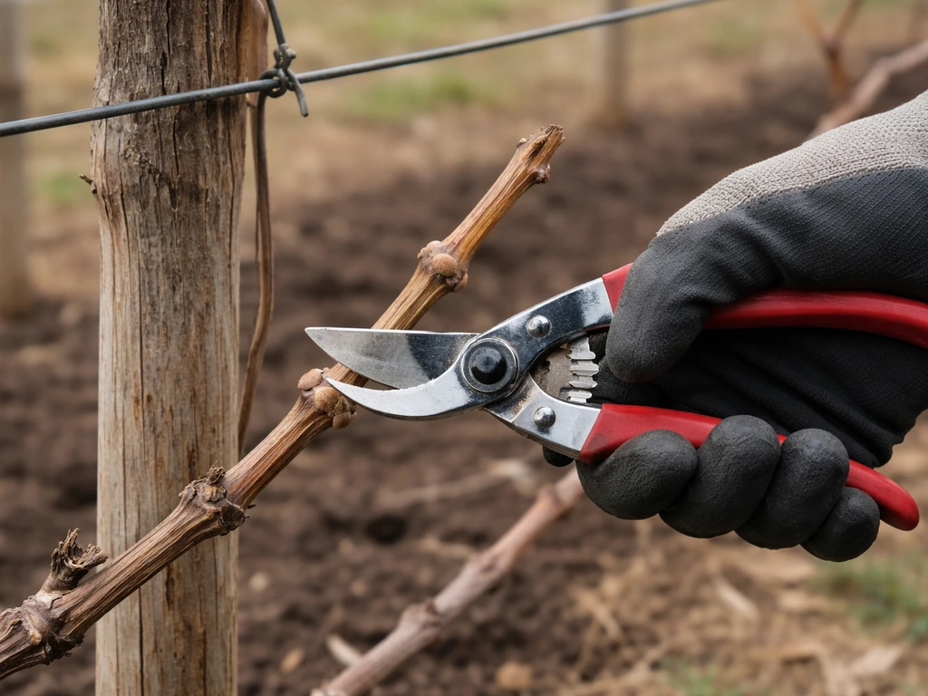 Bypass pruners trimming a dormant grape cane back to 2–3 buds near a trellis stake.