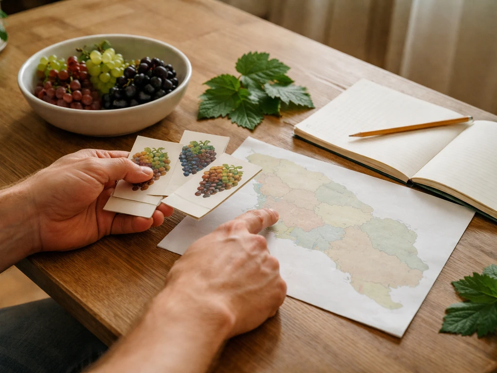 Homeowner hands on a table comparing grape clusters and a Georgia regional map before choosing grapes.