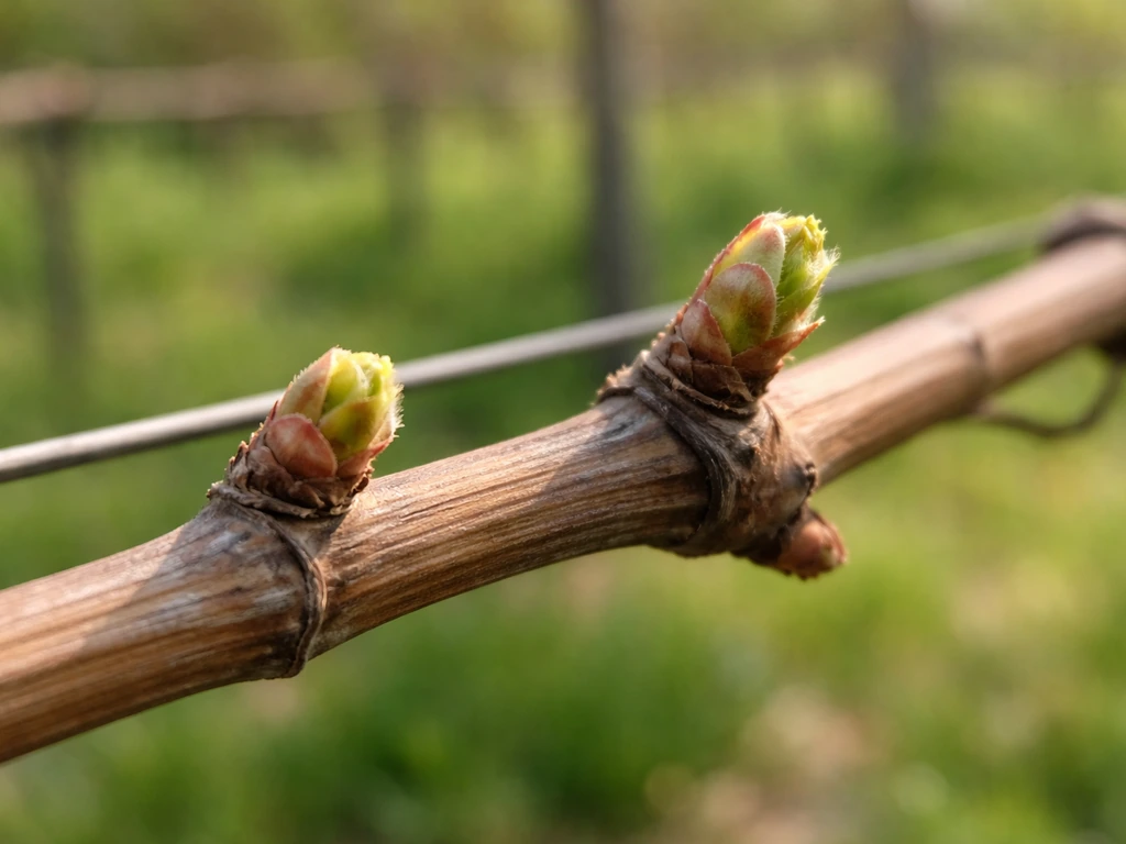 Close-up of grapevine buds loosening after budbreak with tiny green shoots emerging in spring