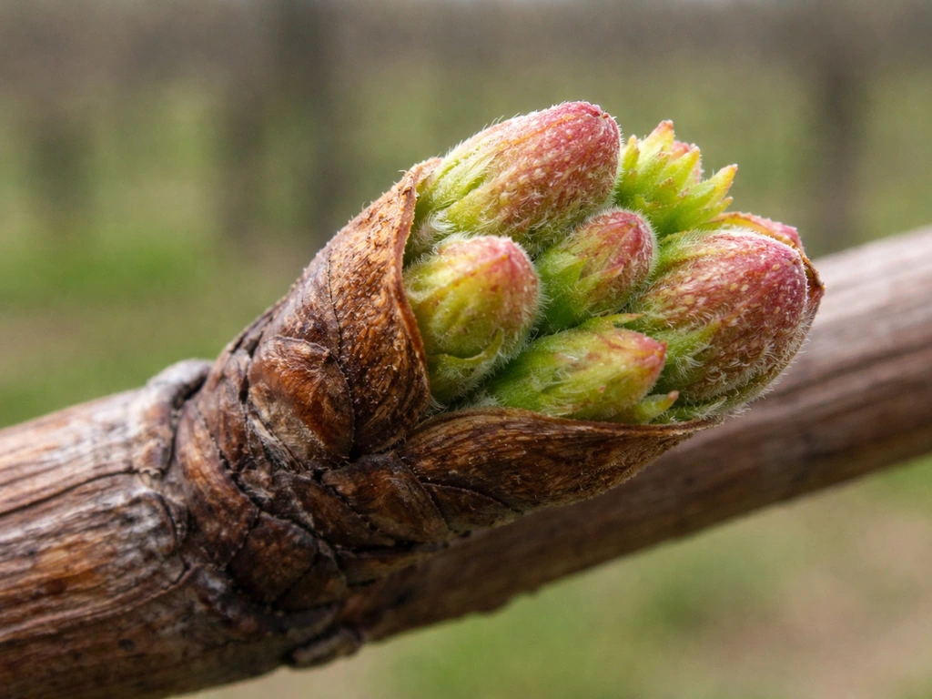 Closeup of grapevine buds plumping up as protective scales split and first green growth appears.