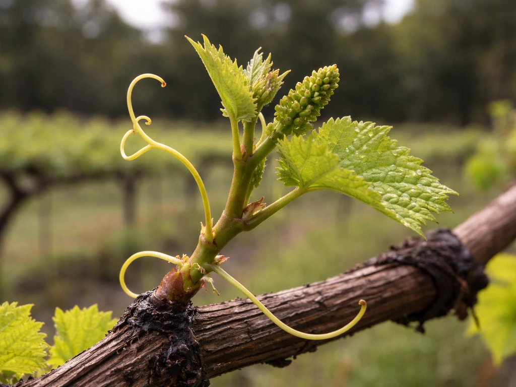 Closeup of grapevine tendrils curling from new shoots with earliest flower-cluster hints