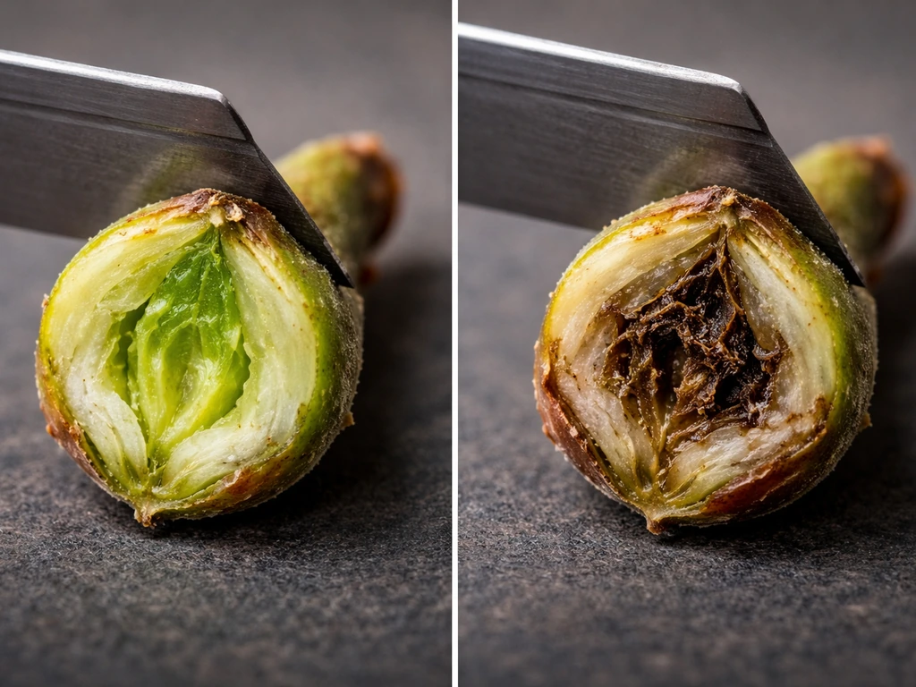 Close-up of a grape bud cross-section with a blade revealing green healthy tissue vs brown damaged tissue.